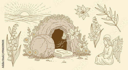 Illustration depicting religious motifs nature elements and spiritual symbols