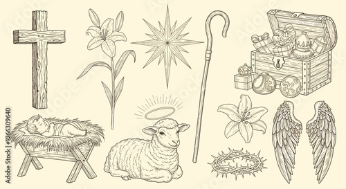 Religious Symbols and Elements Illustration on Cream Background for Spiritual Concepts