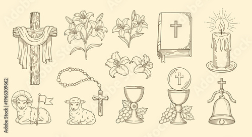 Religious Symbols Collection Hand Drawn Sketch Style Vector Illustration Set Faith