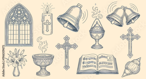 Religious Symbols and Church Elements in Engraving Style Collection for Worship