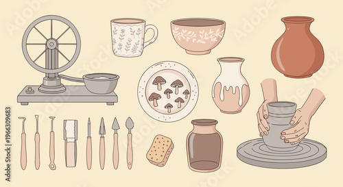 Artistic collection of pottery tools vases and handmade ceramics in warm hues