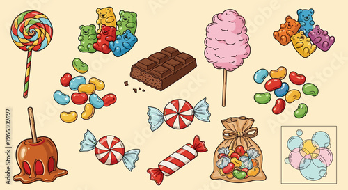 Vibrant assortment of illustrations showcasing various sweet treats and sugary confections