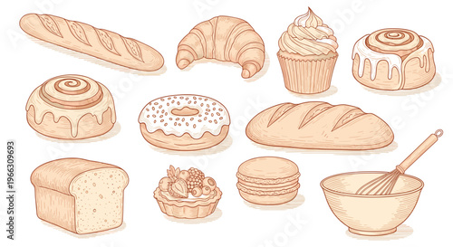 Assortment of Bakery Pastries and Breads Delicious Freshly Baked Goods Illustration