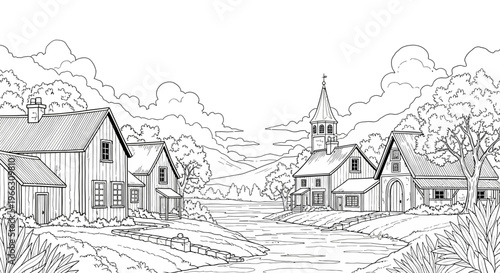 Black and white rural village scene illustration depicting houses and nature
