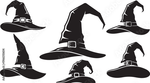 Collection of black witch hats with buckles on white background