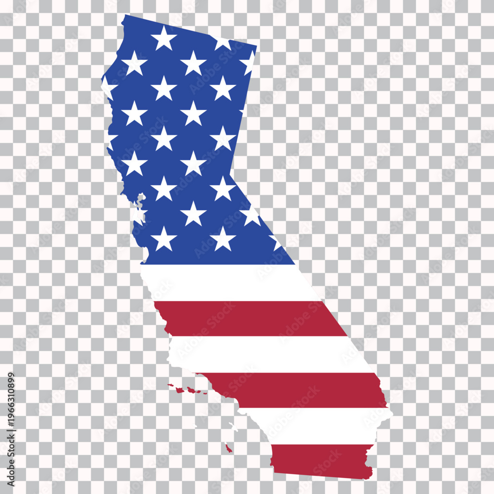 Fototapeta premium Map of California filled with the United States flag pattern, isolated on transparent background for geography and infographic use.