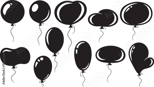 Black balloons floating in air on white background illustration