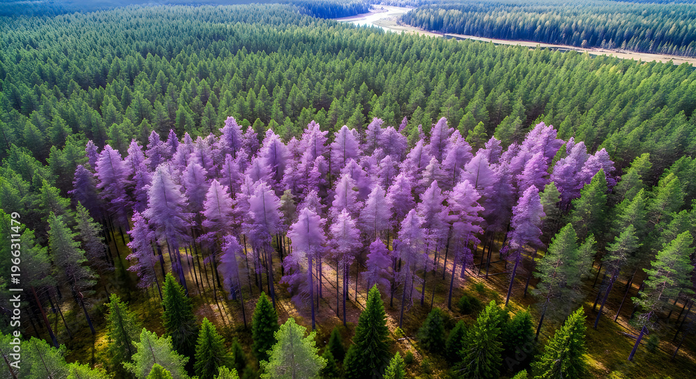 Obraz premium Aerial view of a forest with trees having purple leaves