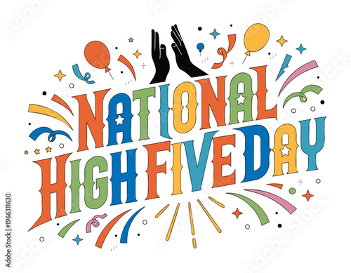 National High Five Day Graphic, Teamwork and Celebration Concept with Raised Hands, Positive Gesture Vector Isolated on White
