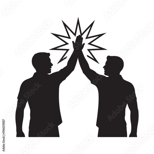 Two silhouetted figures celebrate a success with a high five symbolizing teamwork and accomplishment high quality
