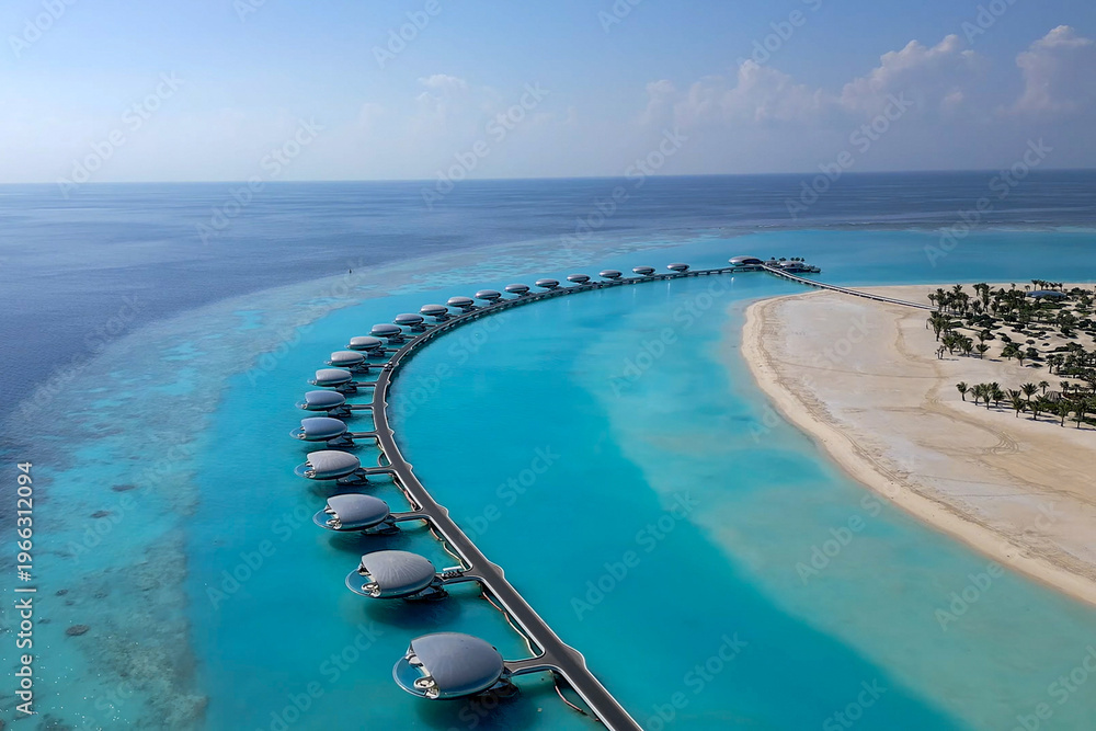 Fototapeta premium Aerial view of futuristic pod-shaped villas connected by a long pier in a turquoise lagoon