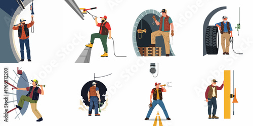 A collection of flat vector illustrations depicting industrial workers, laborers, and miners performing various tasks with tools and equipment in construction and mining environments.