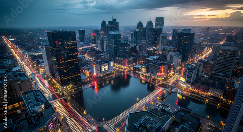 Aerial view of a modern city skyline at twilight with illuminated skyscrapers, busy streets with light trails, and a central river