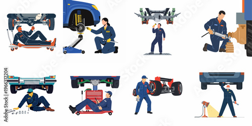 Set of flat vector illustrations featuring various professional male and female mechanics repairing and maintaining cars in an auto service garage.