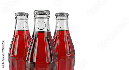 Three Red Soda Bottles with Metal Caps on White Background