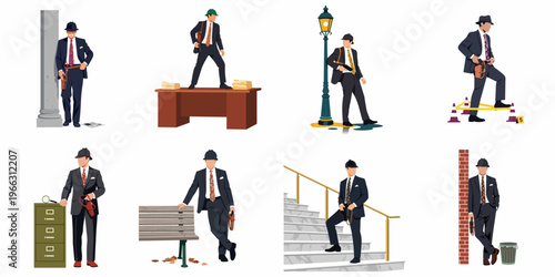 Set of flat vector illustrations featuring a classic detective in various poses and urban settings, representing mystery and crime investigation themes.
