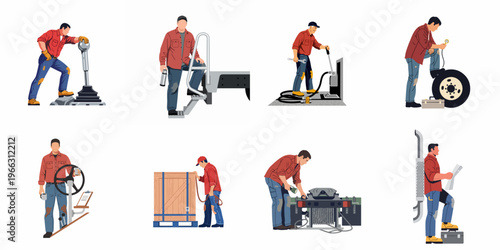 Set of vector illustrations featuring a professional truck driver engaged in various tasks including maintenance, logistics, and daily operational activities.
