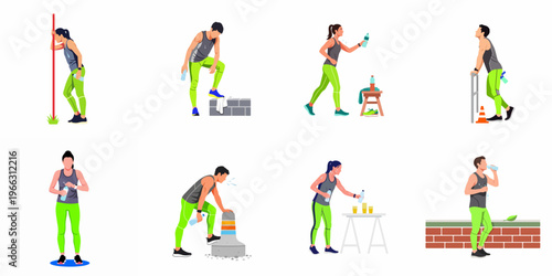 Set of flat vector illustrations showing exhausted athletes hydrating and resting after an intense workout session on a white background.