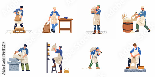 Set of vector illustrations depicting professional millers and bakers performing various tasks with sacks of flour and grain in a traditional mill or bakery.