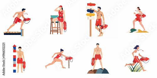 Set of lifeguard character illustrations in flat design style, featuring male and female lifeguards in various rescue and beach patrol poses.