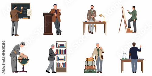 Flat vector illustrations of male professors and scholars engaged in various academic activities like teaching, researching, and experimenting in classroom and laboratory settings.