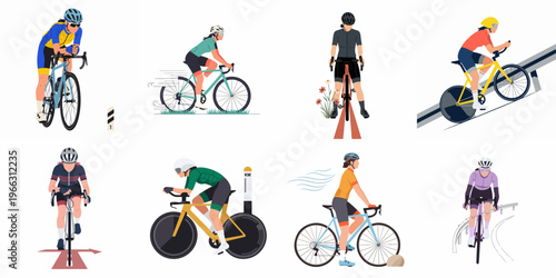 Set of flat vector illustrations of female professional cyclists in action, including racing, climbing, and time-trialing on road bikes.