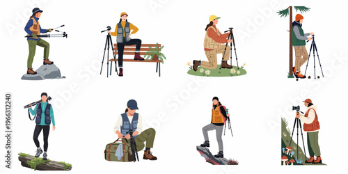 Collection of Flat Vector Illustrations Featuring Female Nature Photographers with Tripods and Cameras in Various Outdoor Landscapes