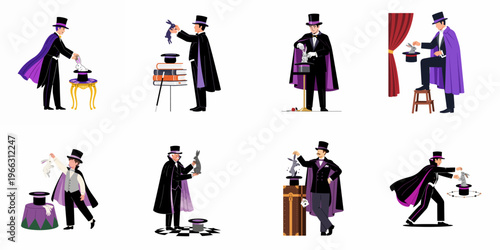 Collection of vector illustrations featuring magicians performing the classic magic trick of pulling a rabbit out of a top hat.