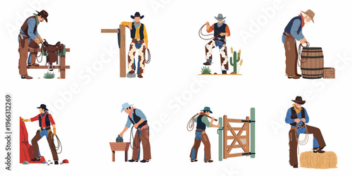 Flat vector illustration collection of various cowboy characters performing traditional ranching tasks, including using lassos, saddling, and working in the wild west.