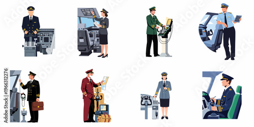 Set of various airline pilot characters in uniforms, working in cockpits, and managing flight operations in a flat vector illustration style.