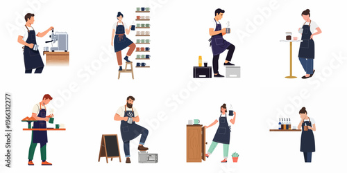 Set of flat illustrations featuring professional baristas in blue aprons engaged in various tasks like brewing, serving, and organizing in a modern cafe.