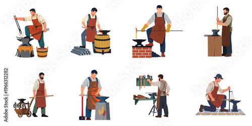 Collection of illustrations featuring blacksmiths working with hot metal using traditional tools like anvils and hammers in a workshop setting.