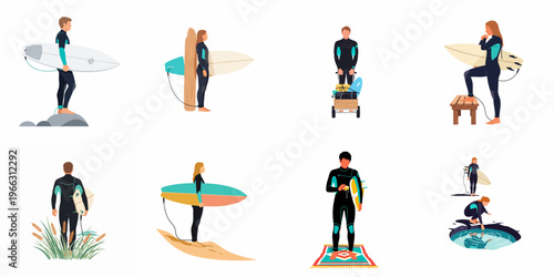 Collection of diverse male and female surfers in wetsuits with surfboards, shown in various poses and coastal environments, flat vector illustration set.