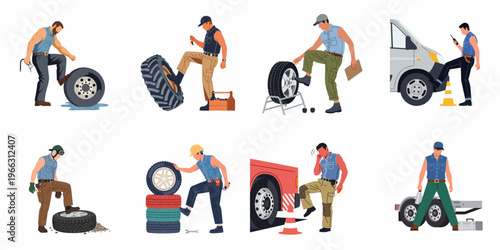 Flat vector set of auto mechanics and tire technicians performing maintenance, inspections, and repairs on various vehicles and wheels.