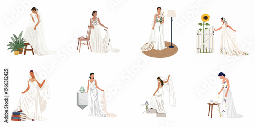 Collection of eight elegant faceless brides in various white wedding dresses and poses, featuring floral details and minimalist backgrounds.