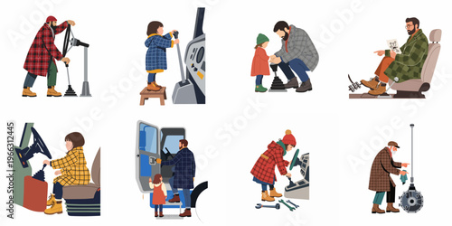 Flat illustration collection of men and children interacting with manual gear shifts, steering wheels, and vehicle mechanics in cozy patterned clothing.