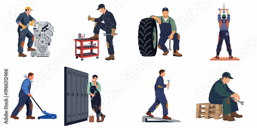 Professional auto mechanic illustrations set, showing workers in overalls with tools, engines, tires, and garage equipment for automotive repair services.