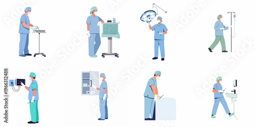 Set of flat vector illustrations of surgeons and medical professionals performing various tasks in an operating room or hospital environment.