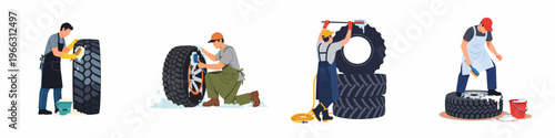 Set of illustrations showing professional men washing and detailing car and truck tires with brushes, soap, and foam on a white background.