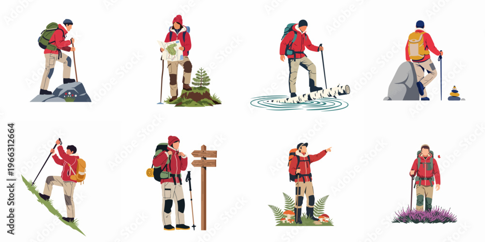 Fototapeta premium Set of illustrations depicting various hikers in outdoor gear engaged in activities like climbing, map reading, and trekking across different terrains.