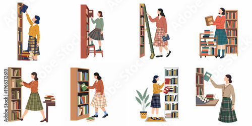 Flat vector illustrations of a woman organizing books in a library, featuring various bookshelves, a ladder, and book carts on a white background.