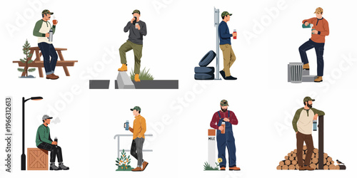 Set of vector illustrations depicting men in workwear and casual clothes taking a coffee break with thermoses in various outdoor environments.