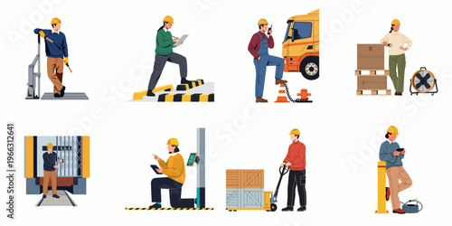 Collection of diverse logistics and warehouse workers in yellow hard hats performing various industrial tasks like inventory management, shipping, and equipment operation.