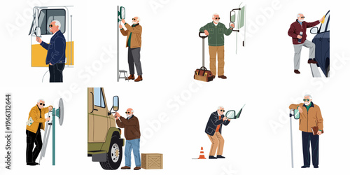 Vector illustration set of an elderly male truck driver or mechanic performing maintenance tasks, adjusting mirrors, and standing by various vehicles.