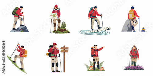 Set of illustrations depicting various hikers in outdoor gear engaged in activities like climbing, map reading, and trekking across different terrains.