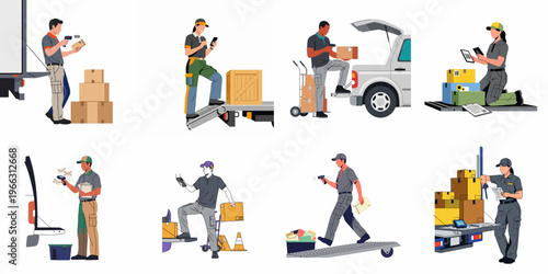Collection of flat vector illustrations featuring delivery personnel scanning barcodes, loading parcels, and managing logistics and shipping operations.