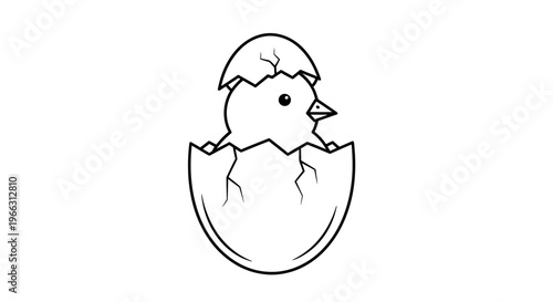 Cute baby chick hatching from a cracked egg, black and white line art illustration symbolizing new life and spring beginnings