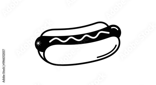 Black and White Hot Dog Icon with Sauce Line Art Illustration. Simple Minimalist Vector Graphic of Fast Food Snack in a Bun.