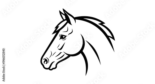 Majestic Horse Head Profile Line Art Illustration. Black and white graphic icon for equine design, power, and freedom.