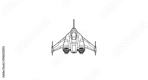 Futuristic fighter jet aircraft top view line art illustration. Sci-fi military spacecraft blueprint drawing in vector style.
